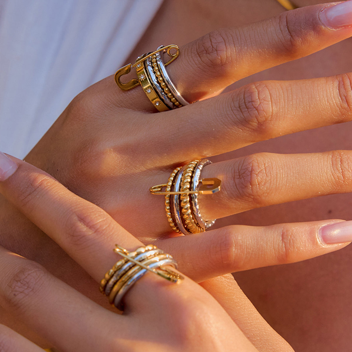 Safety Pin Stackable Rings – Gold, Silver & Rose Gold Tone Metal Rings for Women