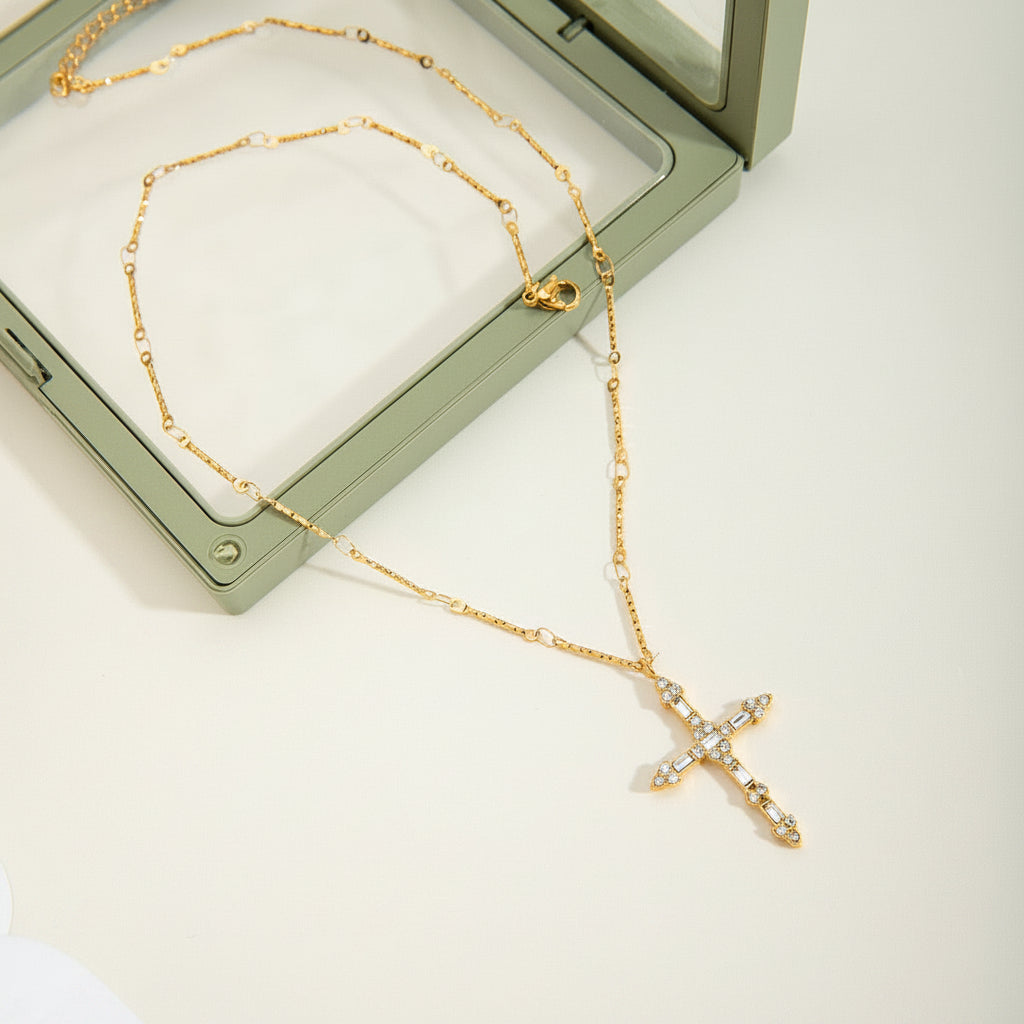 18K Gold Plated CZ Cross Necklace for Women – Elegant Sparkling Christian Pendant Jewelry Gift