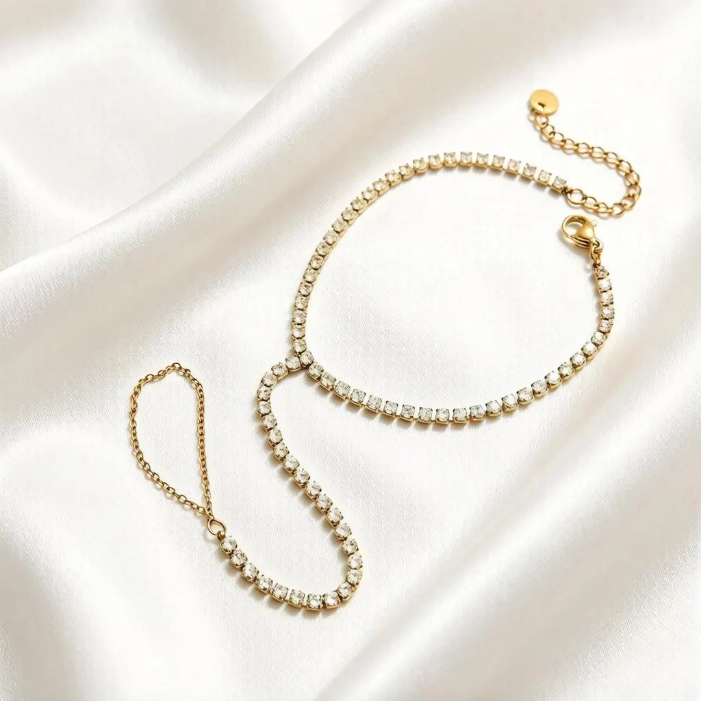 Gold Tone Cubic Zirconia Hand Chain Bracelet with Finger Ring, Dainty Crystal Hand Harness Jewelry for Women