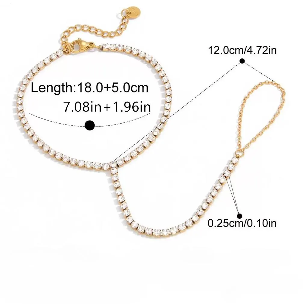Gold Tone Cubic Zirconia Hand Chain Bracelet with Finger Ring, Dainty Crystal Hand Harness Jewelry for Women