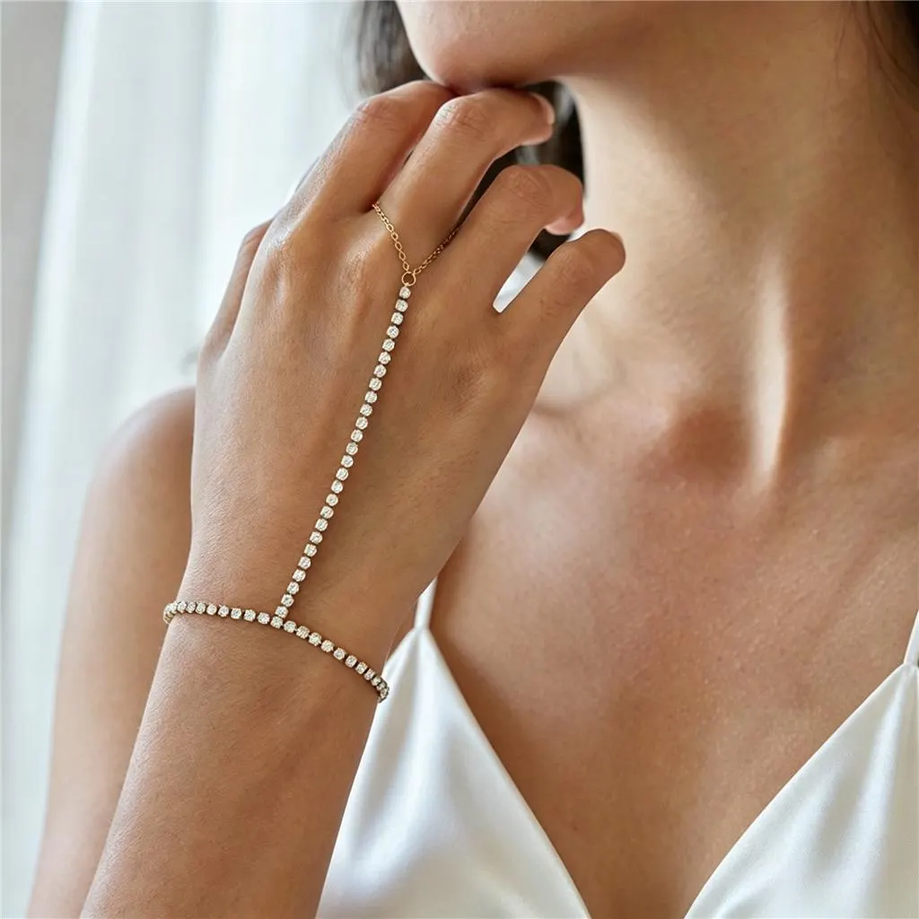 Gold Tone Cubic Zirconia Hand Chain Bracelet with Finger Ring, Dainty Crystal Hand Harness Jewelry for Women