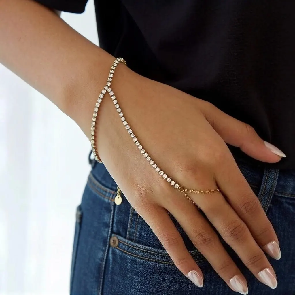 Gold Tone Cubic Zirconia Hand Chain Bracelet with Finger Ring, Dainty Crystal Hand Harness Jewelry for Women