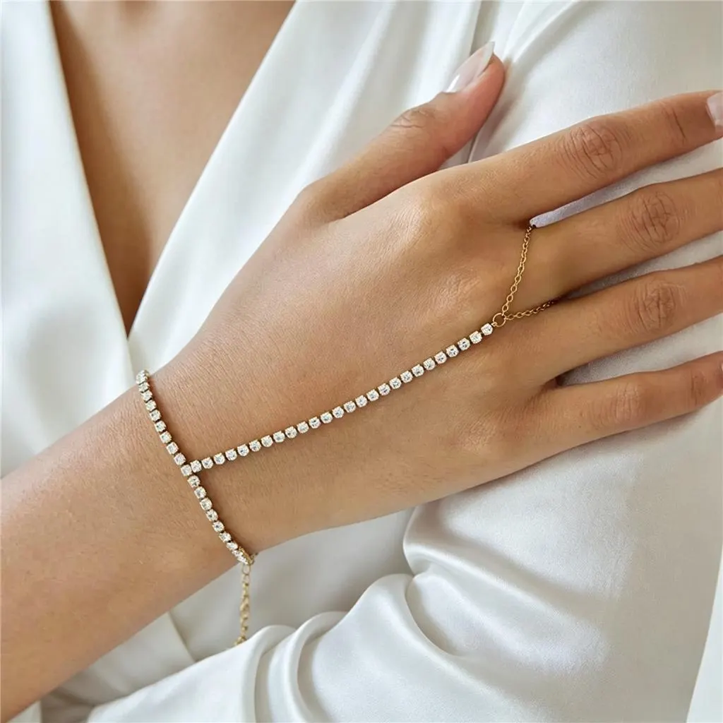 Gold Tone Cubic Zirconia Hand Chain Bracelet with Finger Ring, Dainty Crystal Hand Harness Jewelry for Women