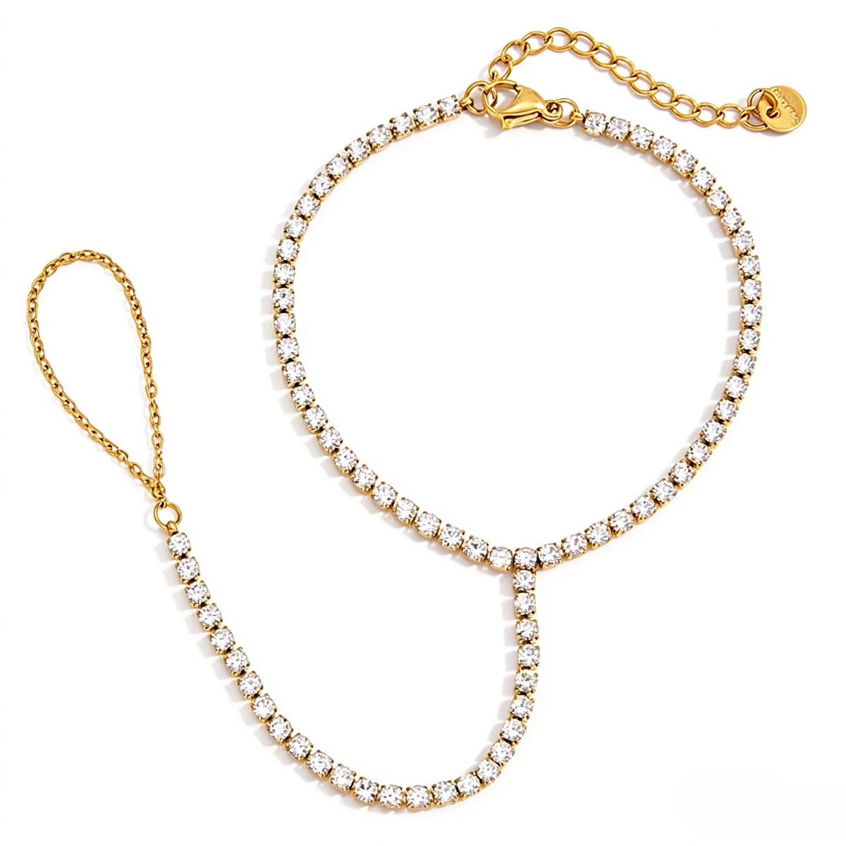 Gold Tone Cubic Zirconia Hand Chain Bracelet with Finger Ring, Dainty Crystal Hand Harness Jewelry for Women