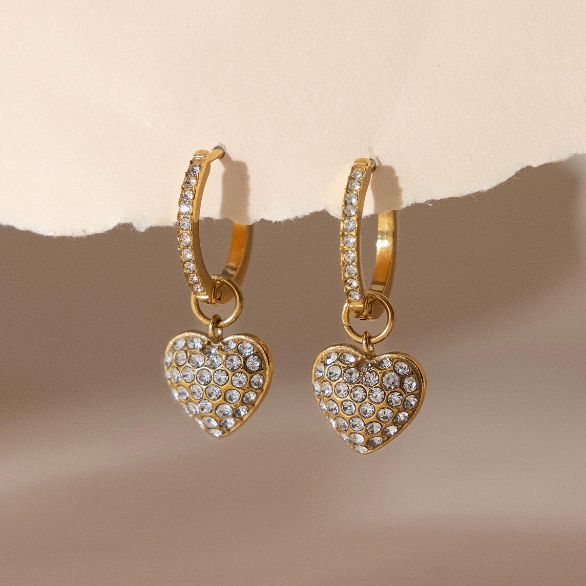 Gold CZ Heart Drop Hoop Earrings – Sparkling Heart Charm Earrings