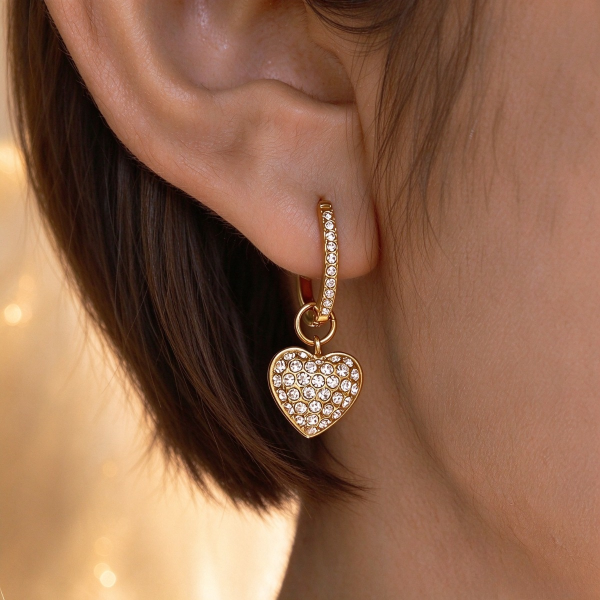 Gold CZ Heart Drop Hoop Earrings – Sparkling Heart Charm Earrings