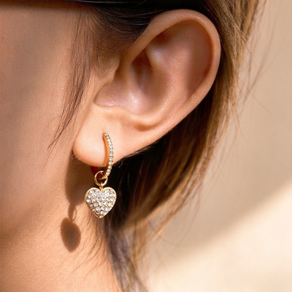 Gold CZ Heart Drop Hoop Earrings – Sparkling Heart Charm Earrings