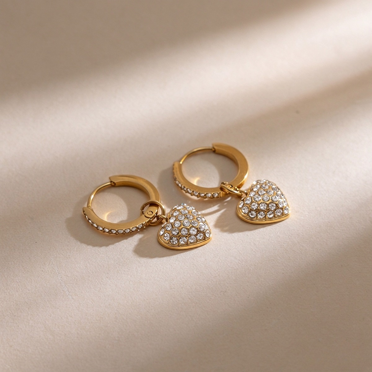 Gold CZ Heart Drop Hoop Earrings – Sparkling Heart Charm Earrings