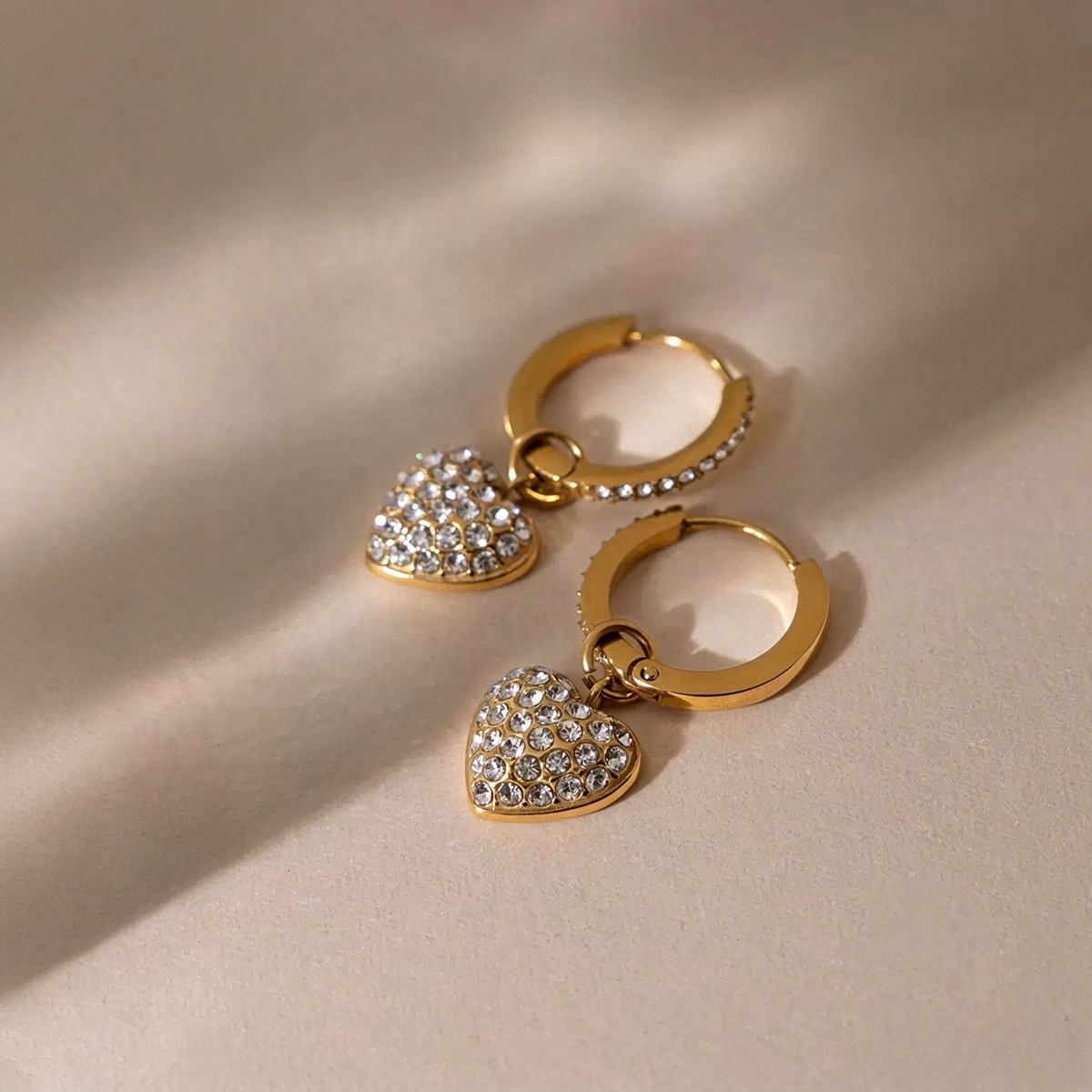 Gold CZ Heart Drop Hoop Earrings – Sparkling Heart Charm Earrings