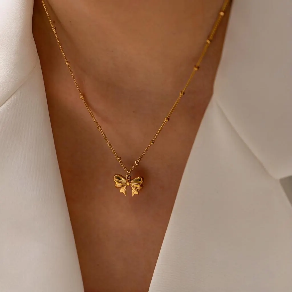 Gold Bow Pendant Necklace, Dainty Gold-Tone Ribbon Necklace for Women