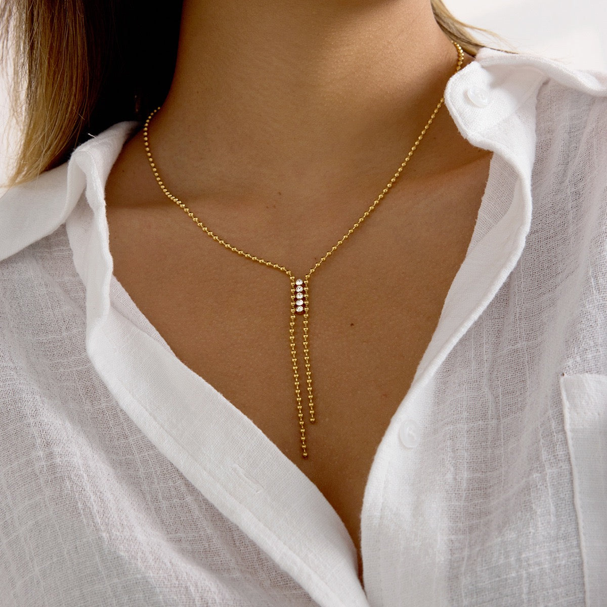 Gold Plated Y-Necklace with CZ Bar & Bead Chain