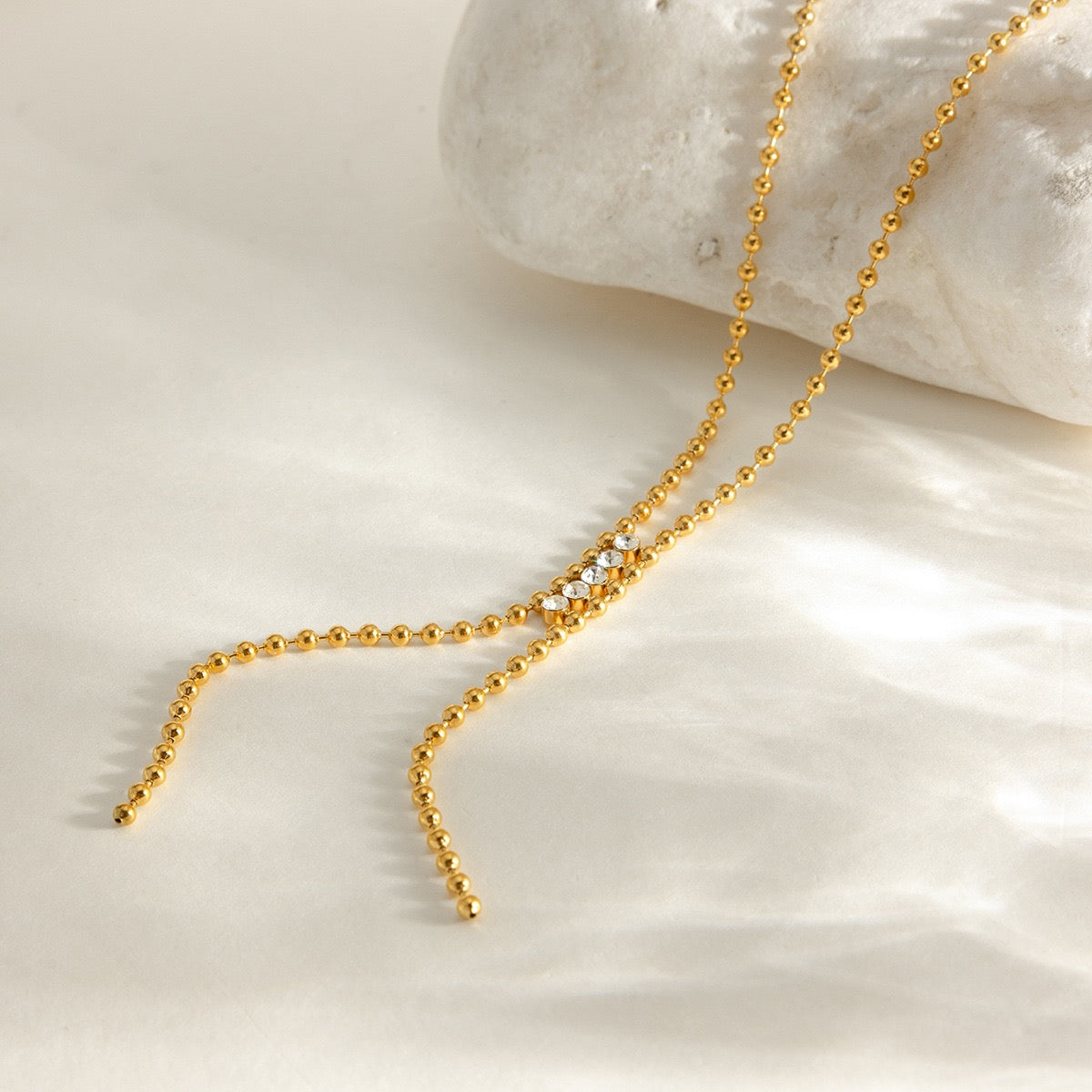 Gold Plated Y-Necklace with CZ Bar & Bead Chain