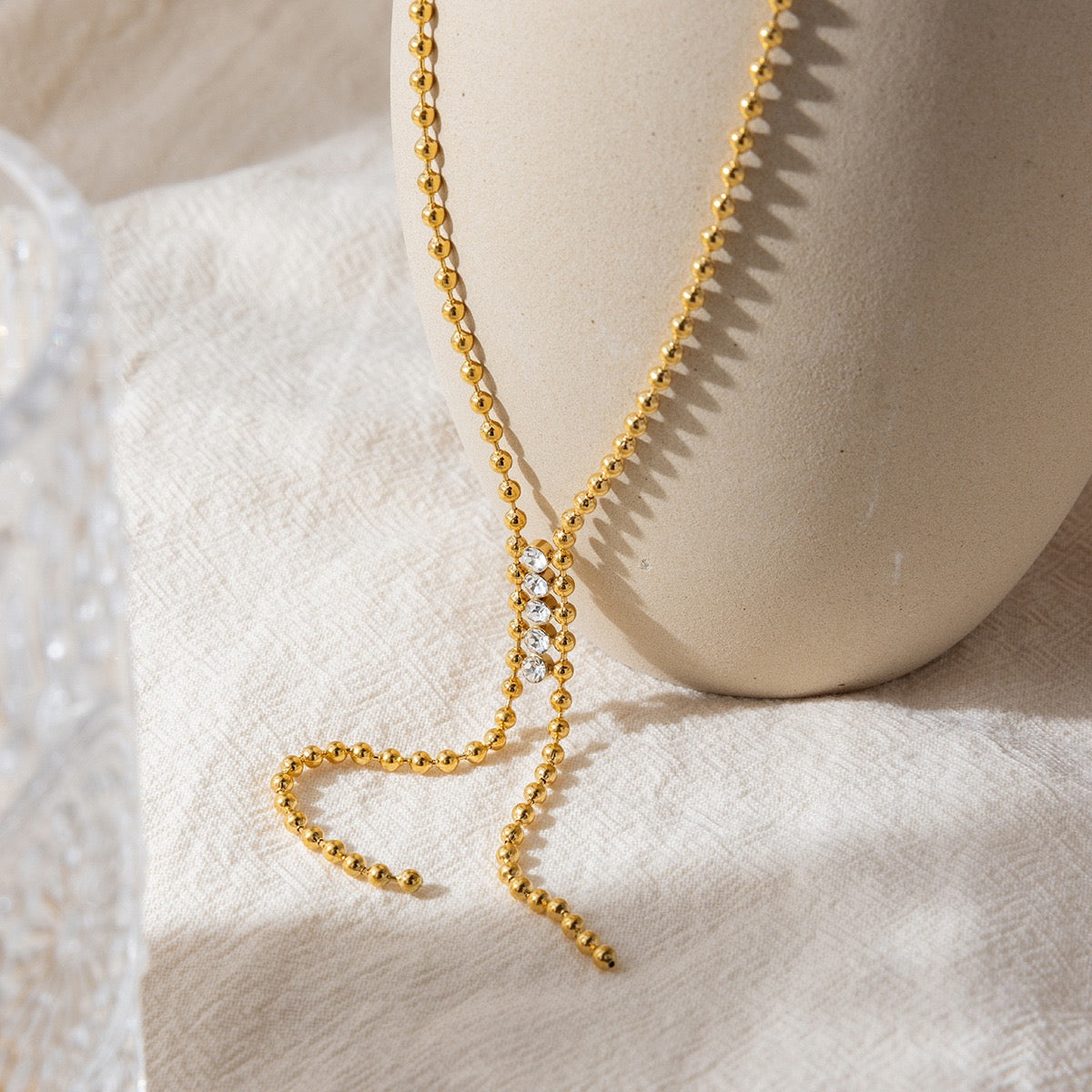 Gold Plated Y-Necklace with CZ Bar & Bead Chain