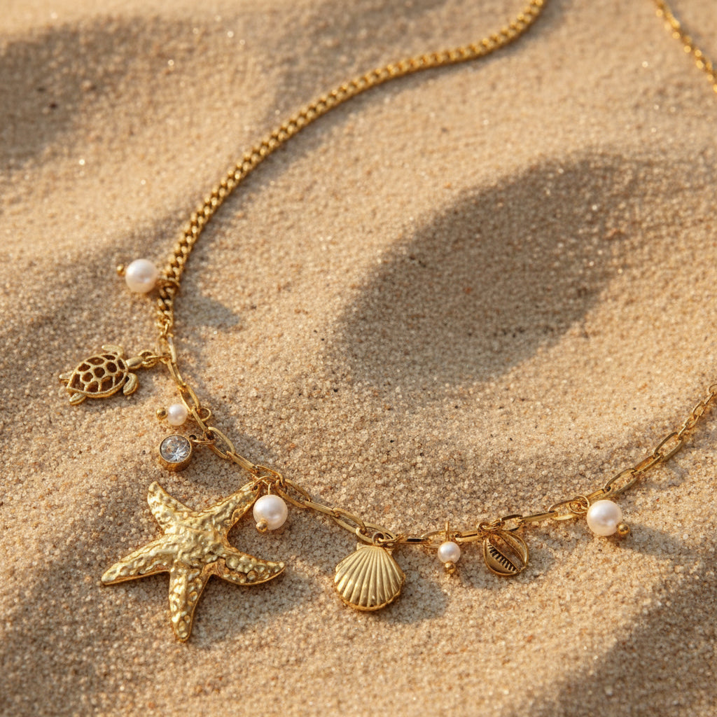 Ocean Treasure Necklace - Gold Starfish, Sea Turtle & Pearl Charm Necklace for Beach Lovers