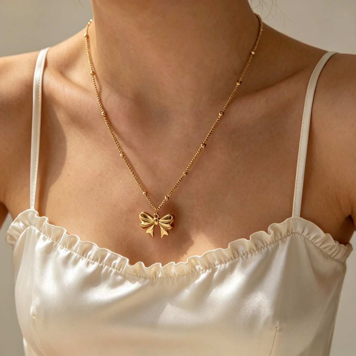 Gold Bow Pendant Necklace, Dainty Gold-Tone Ribbon Necklace for Women