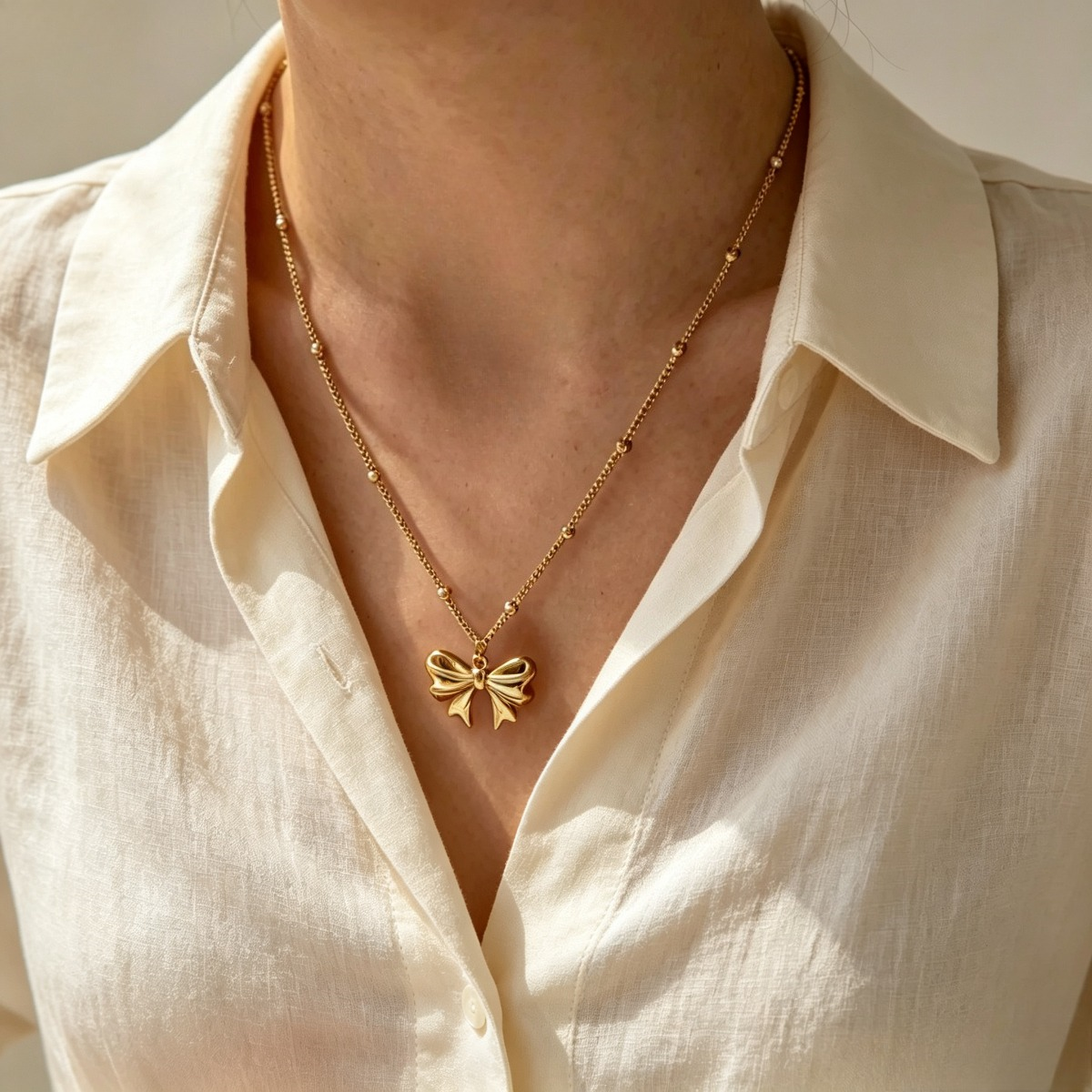 Gold Bow Pendant Necklace, Dainty Gold-Tone Ribbon Necklace for Women