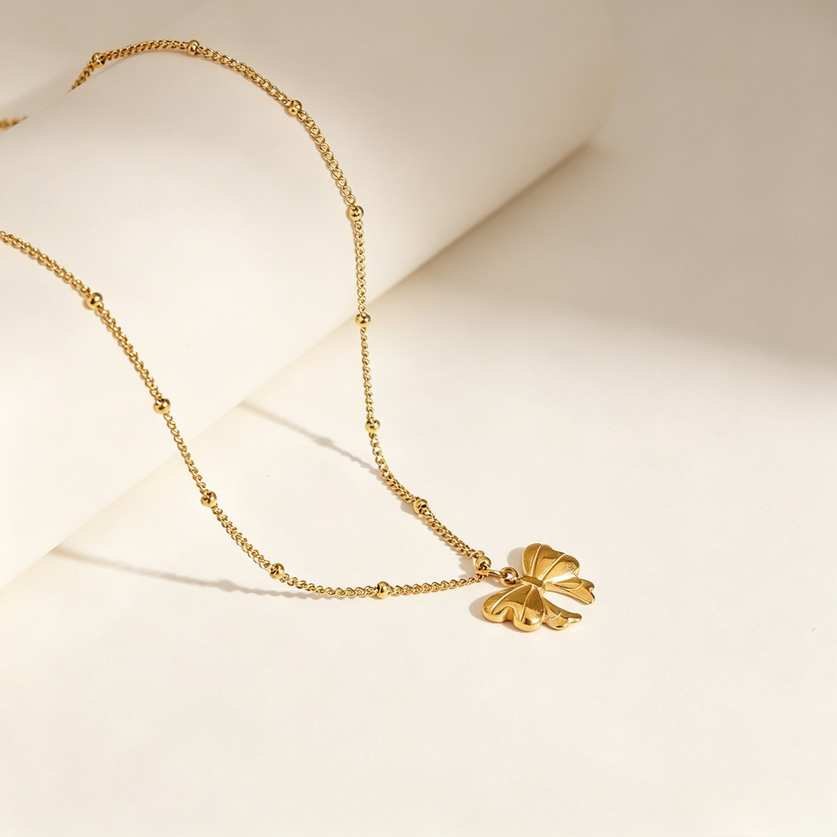 Gold Bow Pendant Necklace, Dainty Gold-Tone Ribbon Necklace for Women