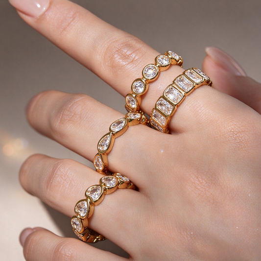 Gold CZ Rings – Heart, Teardrop & Geometric Crystal Bands