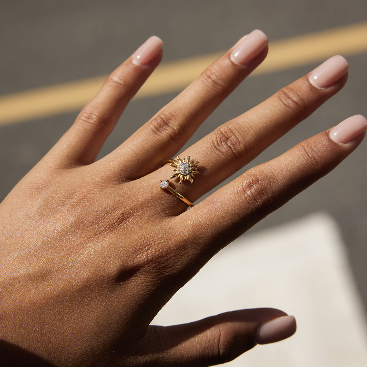 Sunburst & Solitaire Gold Ring Set – Stackable Statement Rings for Women