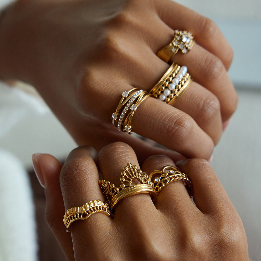 Vintage Stackable Rings – Baroque Crown, Pearl & Lace Design, Statement Finger Rings for Women