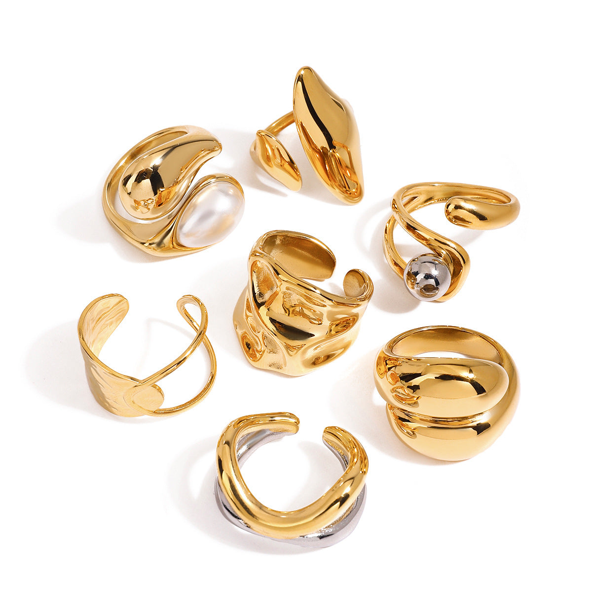 Organic Textured Gold Rings – Pearl & Metal Ball Statement Ring Set for Women
