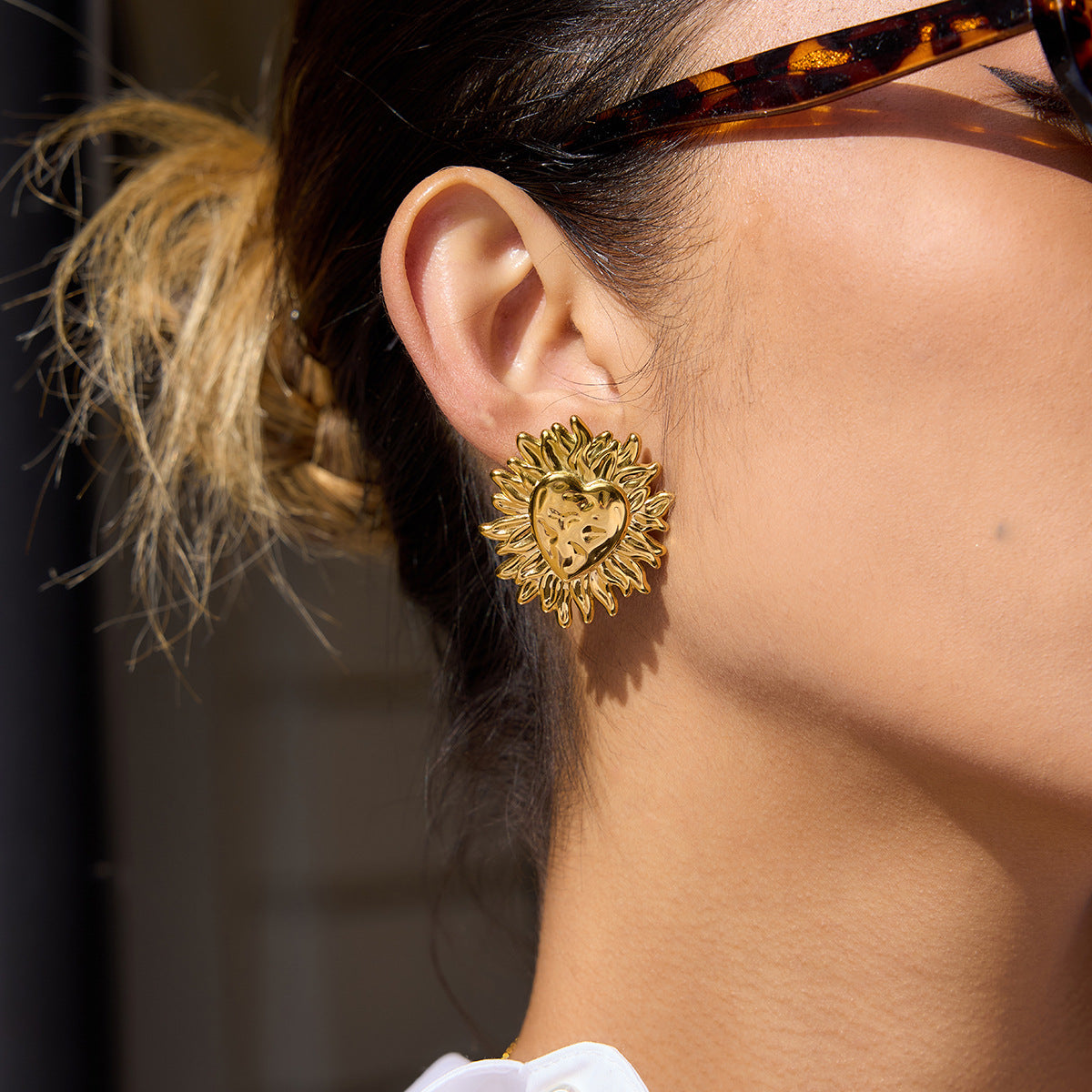 Golden Sun - heart Shaped Stud Earrings