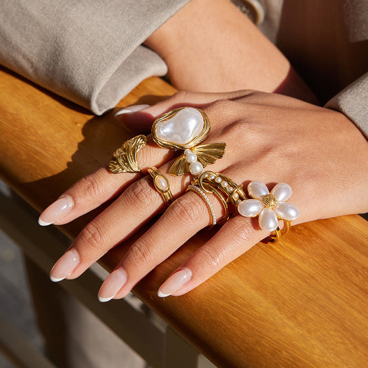 Vintage Pearl & Leaf Ring Set – Baroque Pearl, Open Band, Romantic Gold-Tone Jewelry for Women