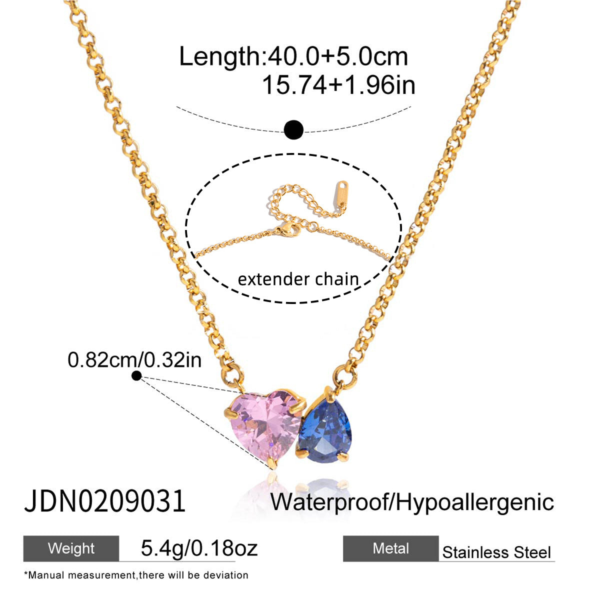 Gold - plated Necklace with Pink and Blue Heart - shaped Pendants