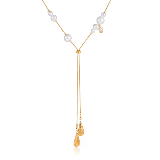 Pearl Y Necklace with Teardrop Pendant – Elegant Lariat Chain Jewelry for Women
