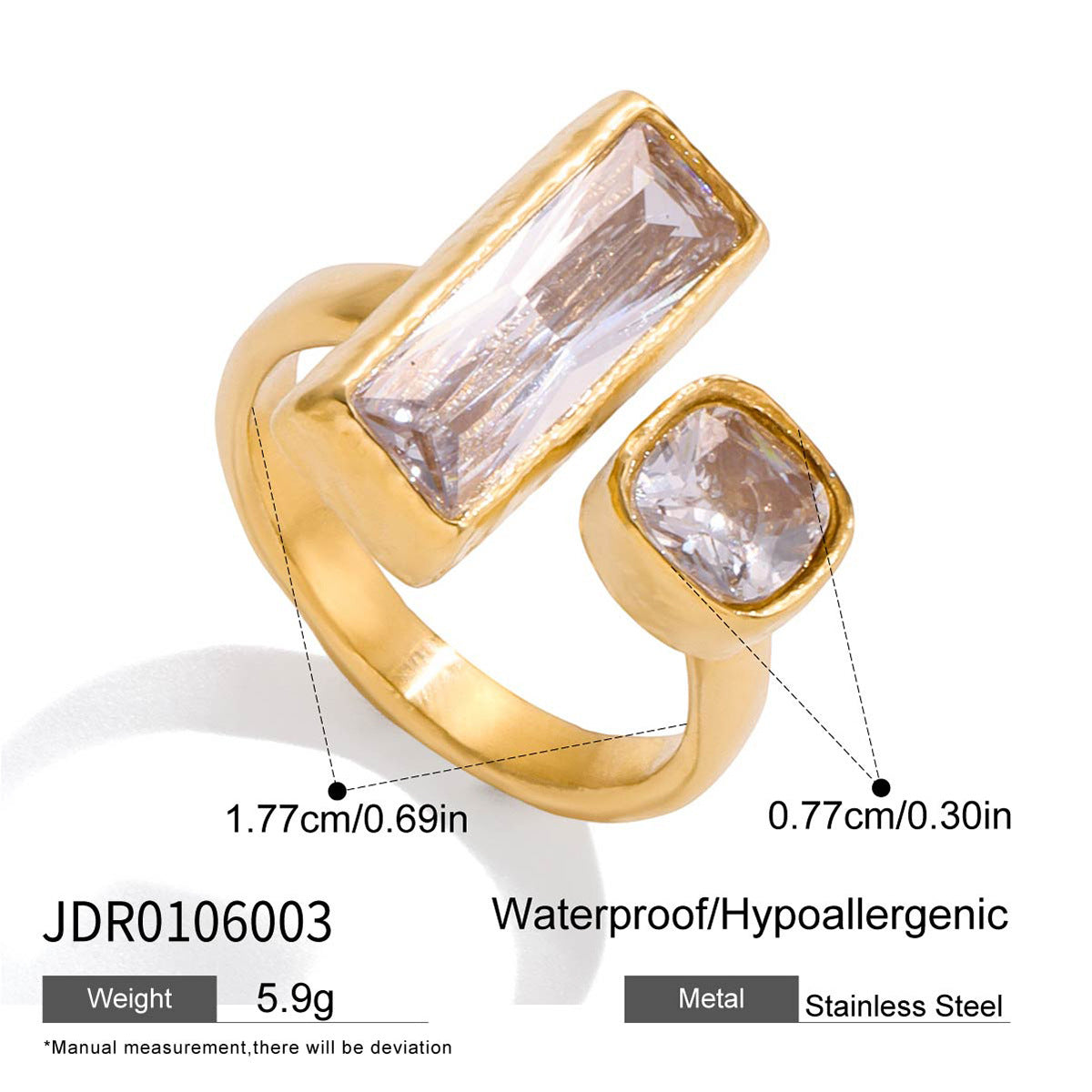 Vintage Two-Stone Ring – Rectangle Cut Crystal & Oval Milky Gemstone, Adjustable Open Band Boho Statement Ring for Women