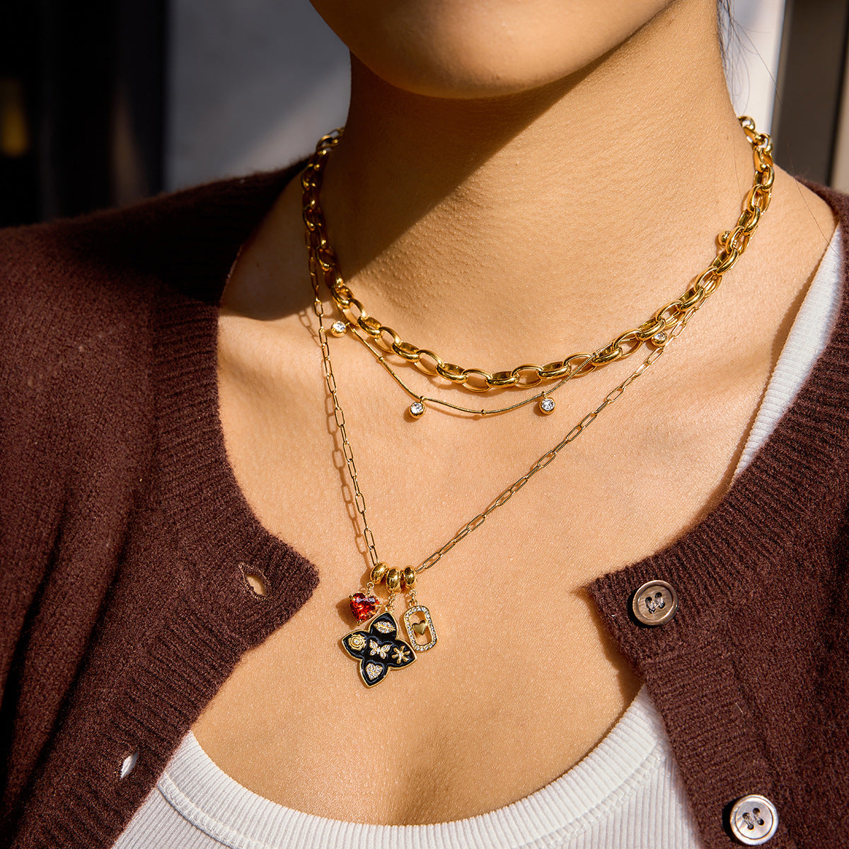 Gold - Plated Multicharm Necklace with Heart and Butterfly Charms