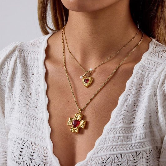 Titanium Steel Crucifix Necklace with Red Agate Inlay