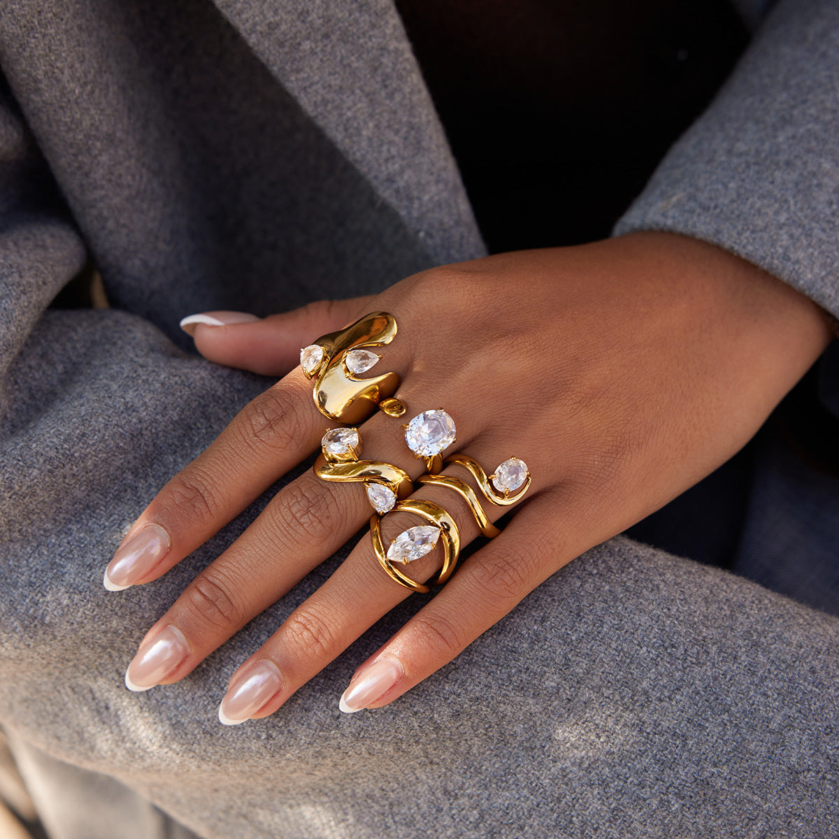 Gold-Tone Stackable Ring Set – Twisted, Snake, Bow Designs with Crystal Accents