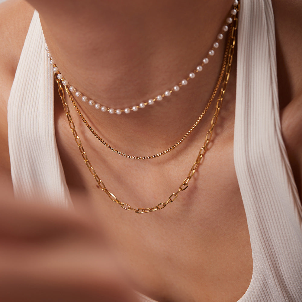 Stainless Steel Triple-Layer Women's Chain with Tiny Pearls