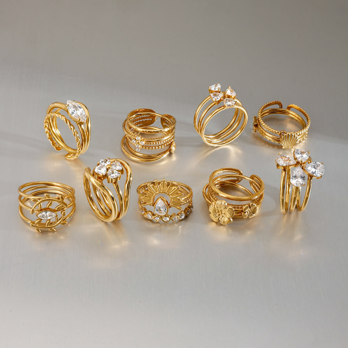 Bohemian Gold Stackable Rings – Mixed Shapes Cubic Zirconia Statement Ring Set for Women