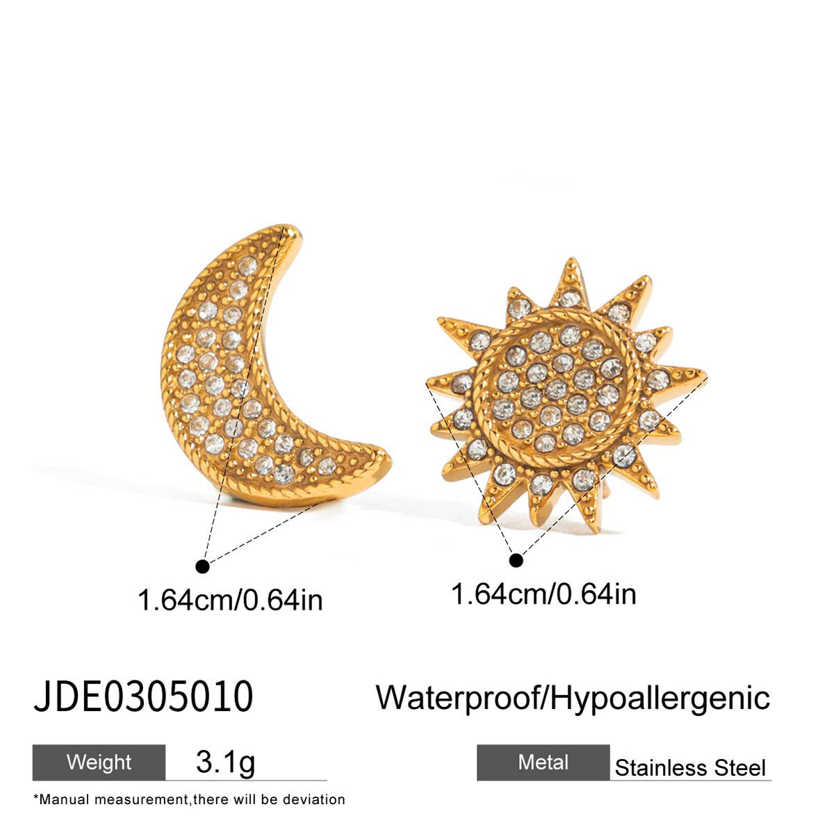 Stainless Steel Sun Stud Earrings with Rhinestones