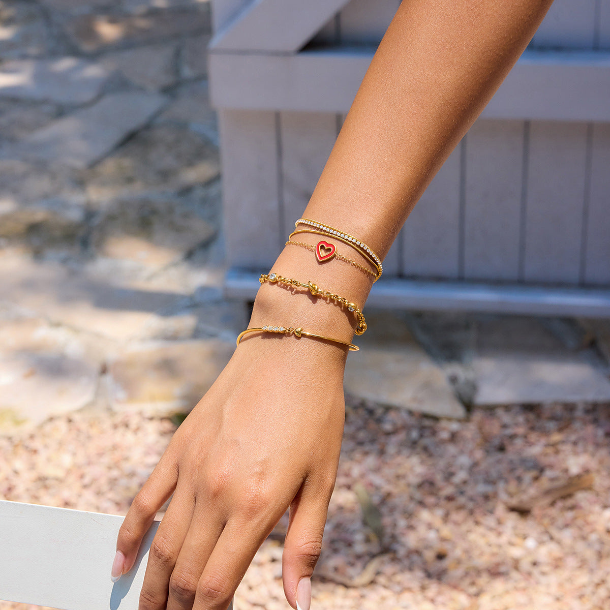 Gold Layered Chain Bracelet Set with Red Enamel Heart