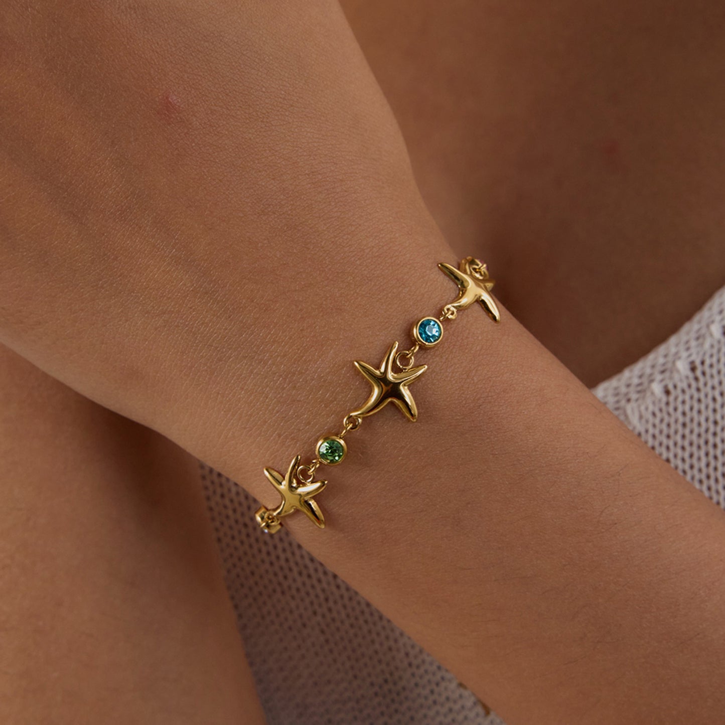Layered Bracelet Set with Starfish, Seashell & Green Gemstones – Beach Resort Style
