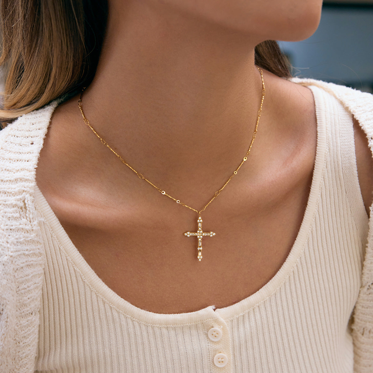 Elegant Diamond - Encrusted Cross Necklace