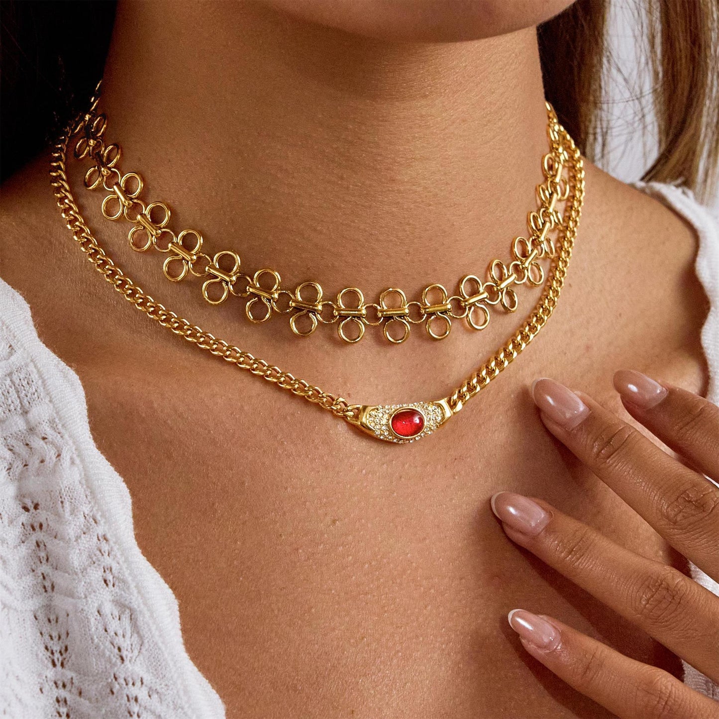 Titanium Steel Crucifix Necklace with Red Agate Inlay