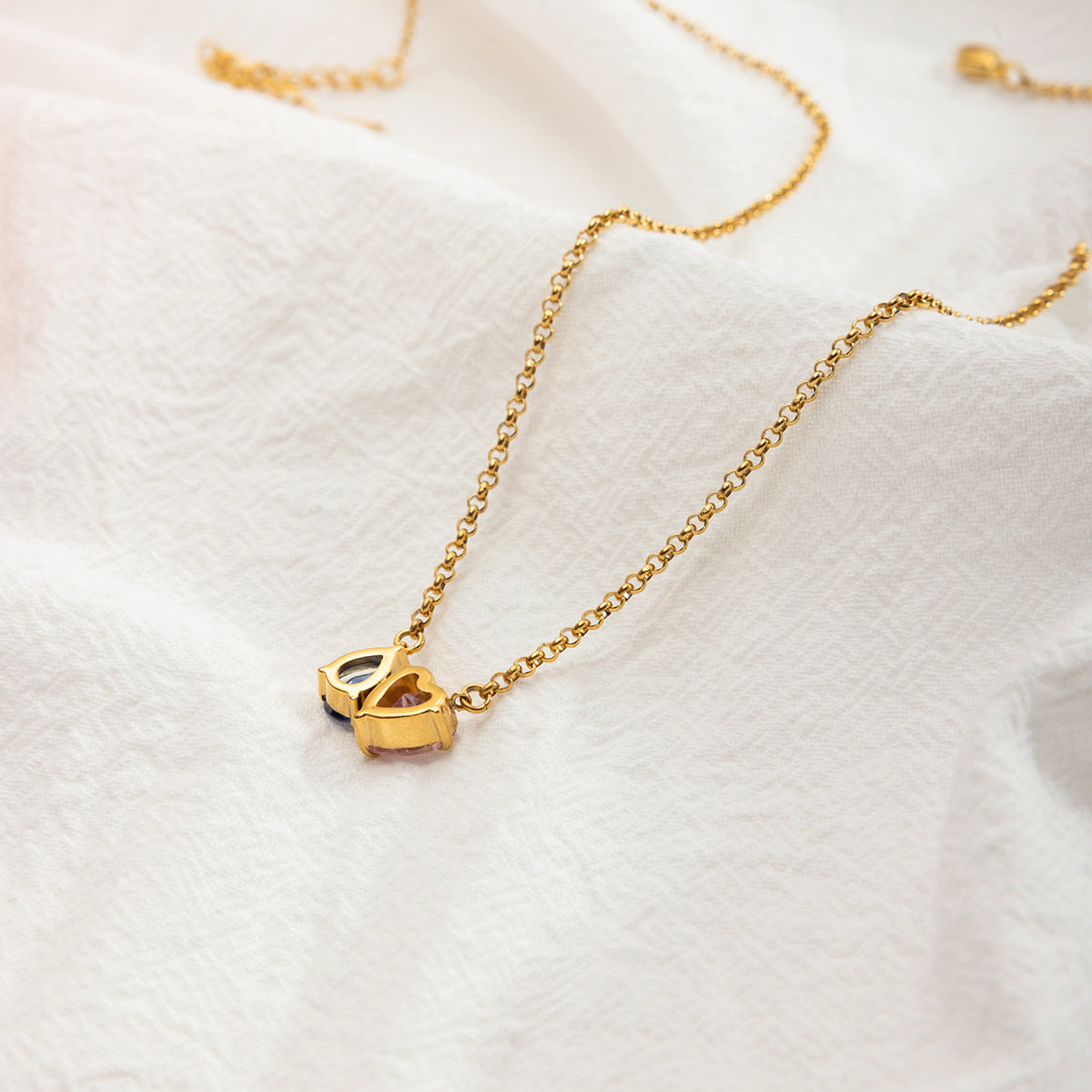 Gold - plated Necklace with Pink and Blue Heart - shaped Pendants