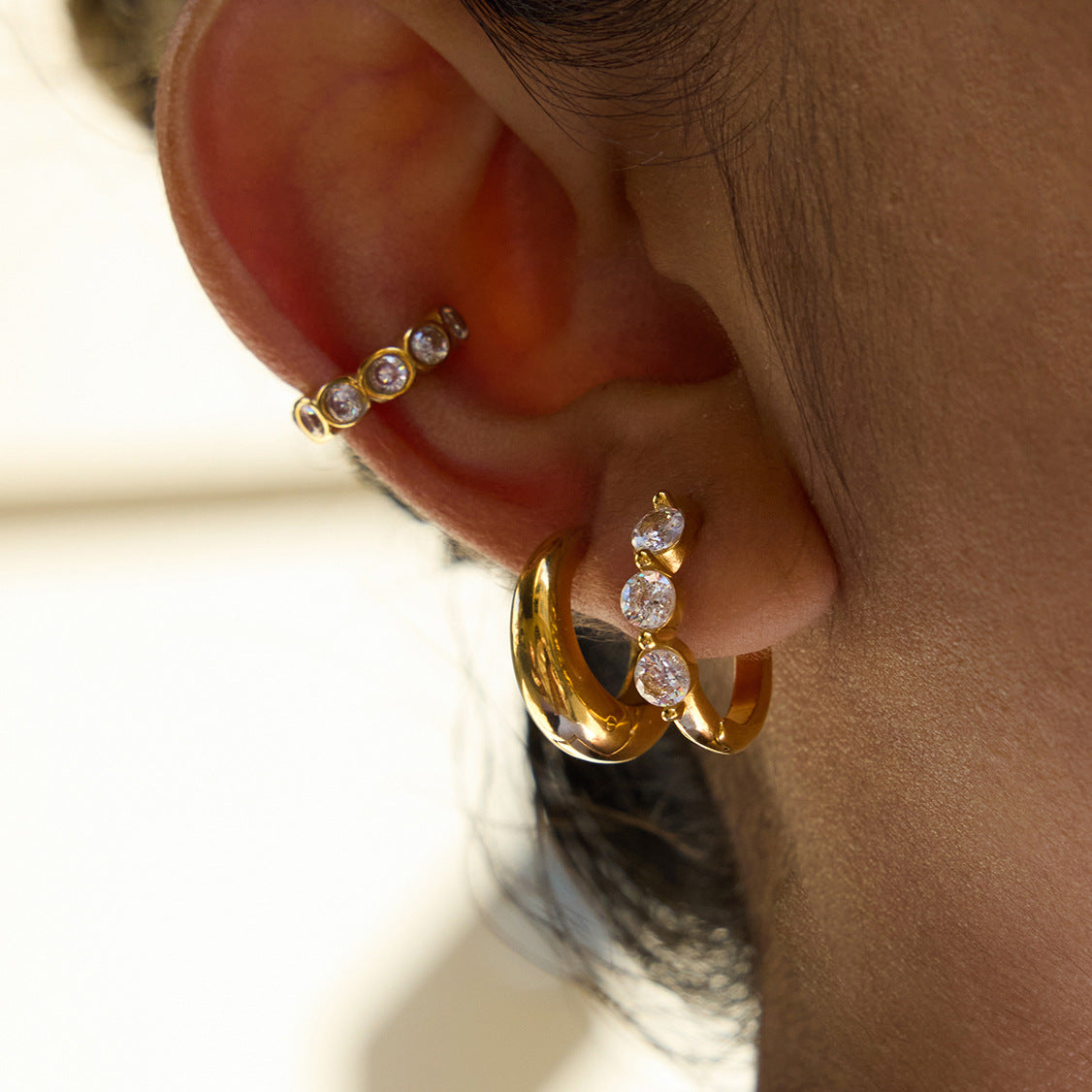 Gold - Plated Triple - Stone Hoop Earrings with Stud