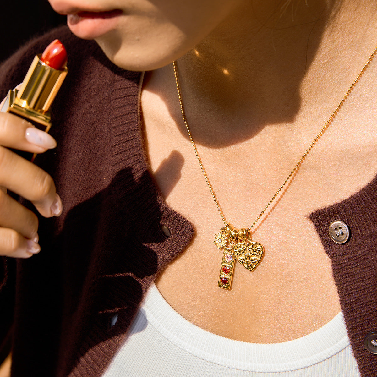Gold - Plated Multicharm Necklace with Heart and Butterfly Charms