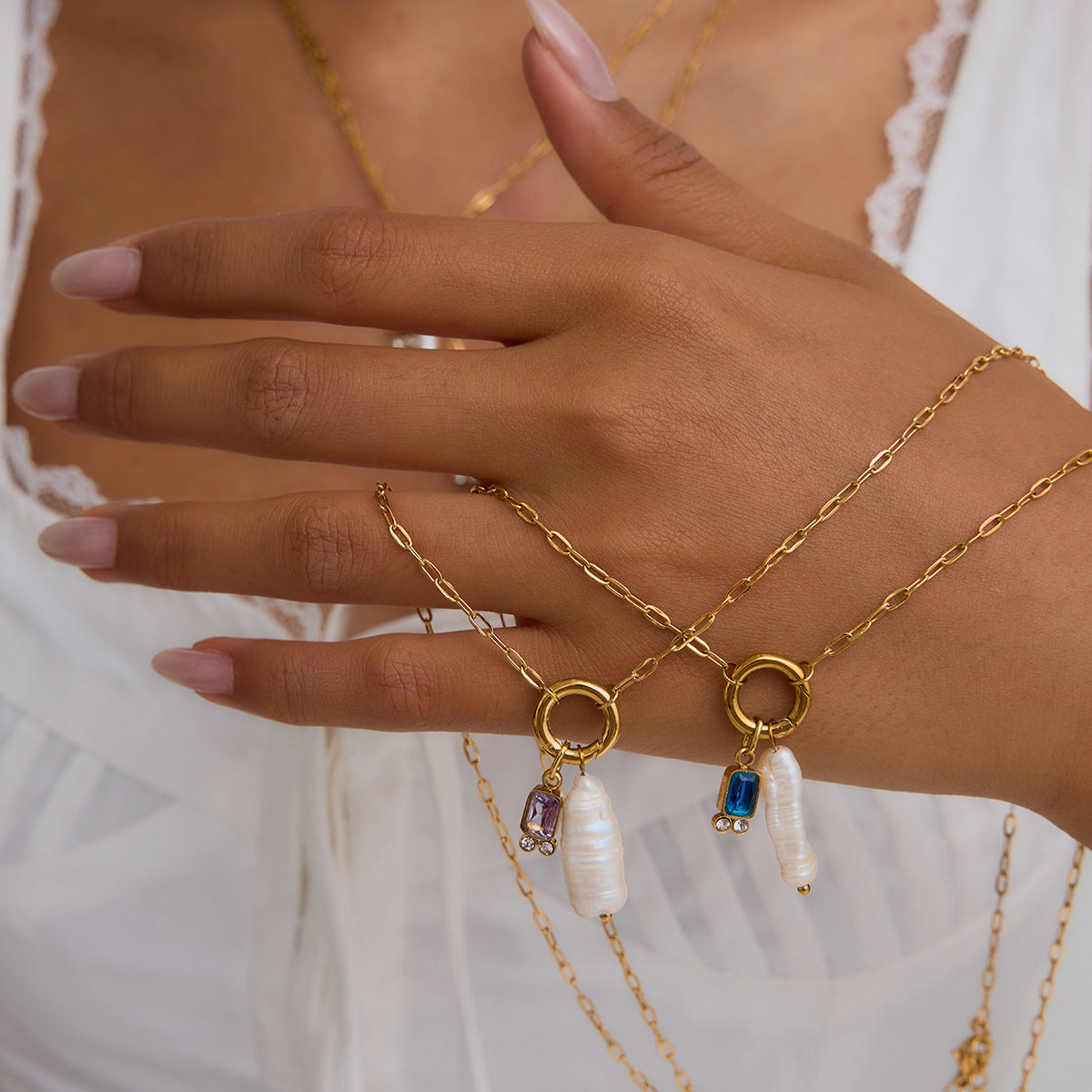 Multicolor Gem - adorned Freshwater Pearl Necklaces