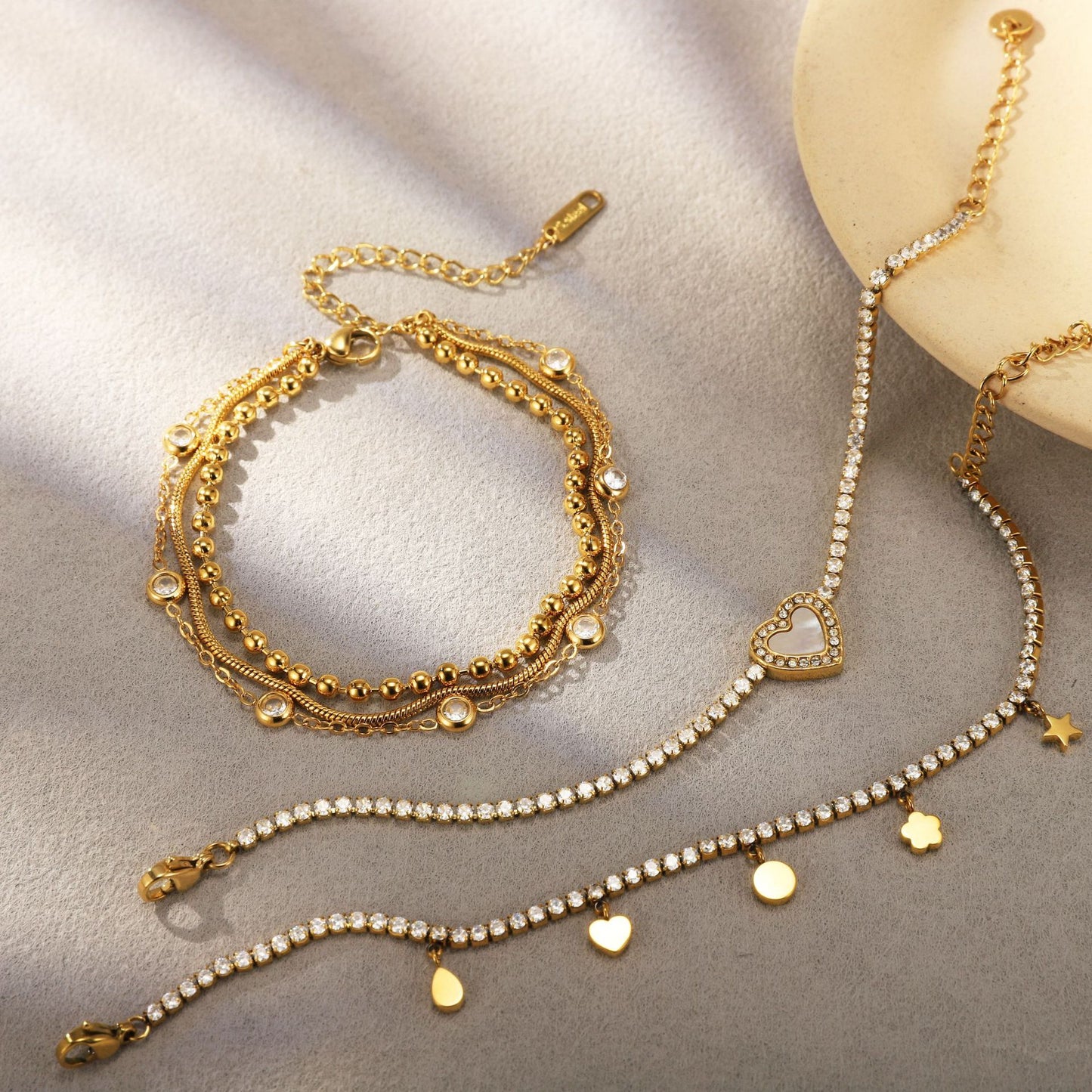 Layered Bracelet Set with Heart Pendant, Beads & Diamonds