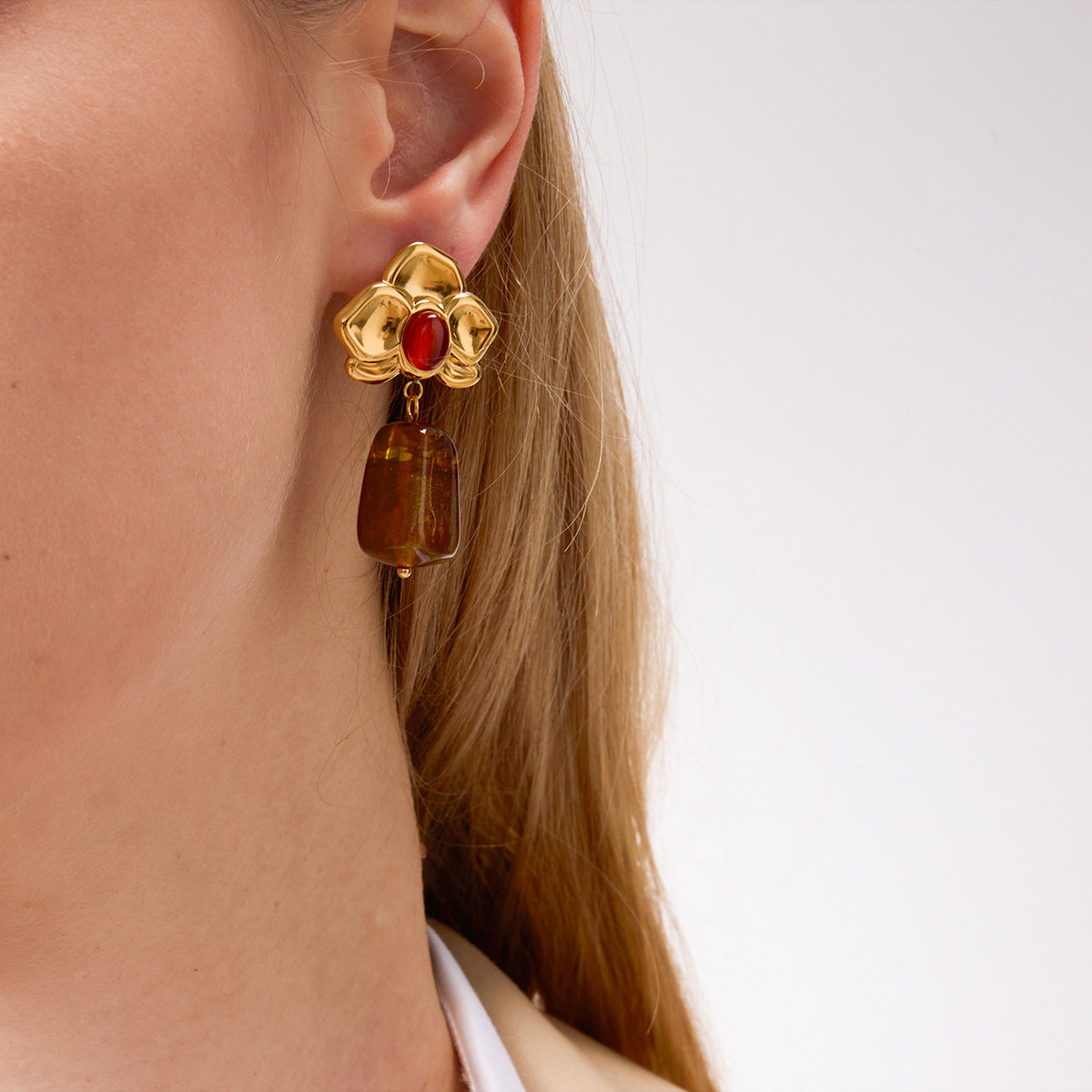 Stainless Steel Amber Resin Earrings