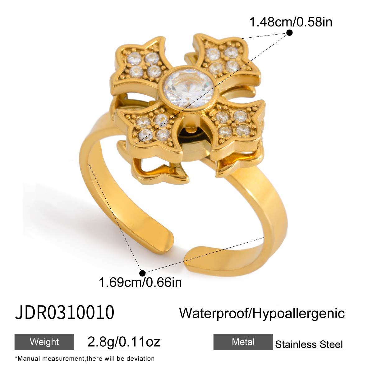 360° Rotatable Flower Ring – Gold Tone Cubic Zirconia Ring for Women
