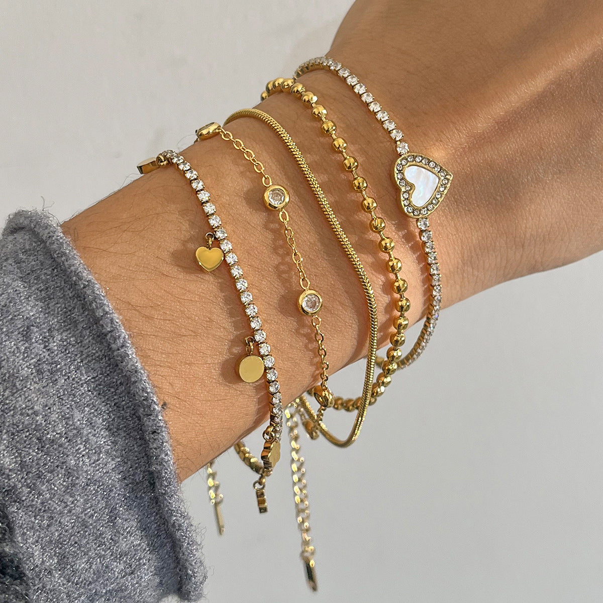 Layered Bracelet Set with Heart Pendant, Beads & Diamonds