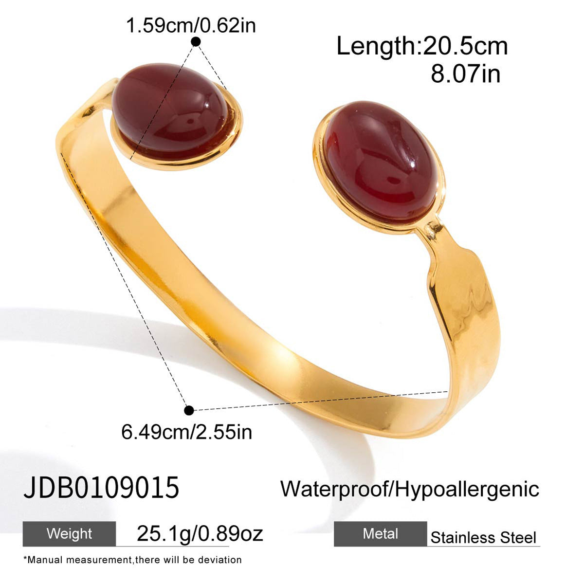 Hammered Gold Cuff Bracelet with Oval Red Gemstone – Open Bangle for Women
