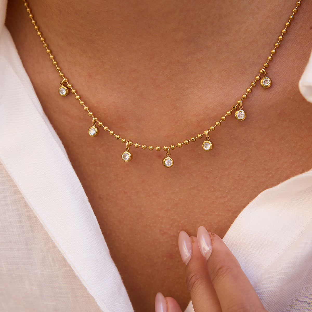 Dainty Gold - Filled Choker Necklace with Sparkling Cubic Zirconia Pendants